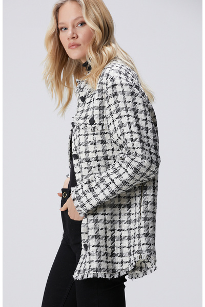 Plaid Patterned Tweed Outer Shirt with Tassel Detail