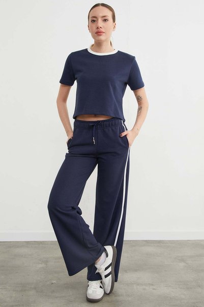 Wide Leg Sweatpants with Piped Side Pockets