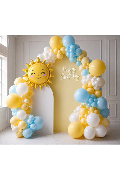 Сет балони за роденден Sun Pastel – жолта, светлосина и бела концептна сончева балон декорација