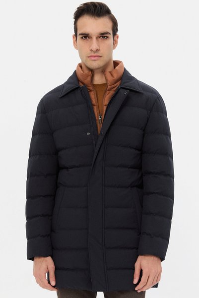 Ds Damat Regular Fit Navy Blue Windproof Quilted Coat with Removable Inner Collar