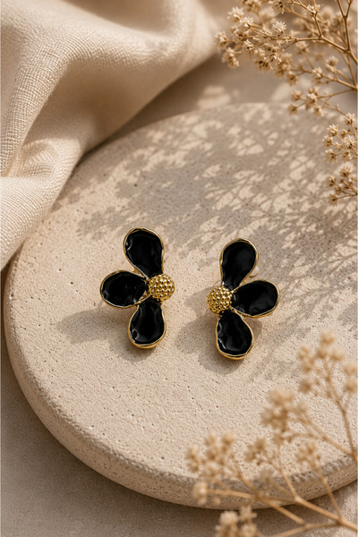 Black Enamel Yellow Steel Flower Earrings - Women's Bloom Stud Earrings