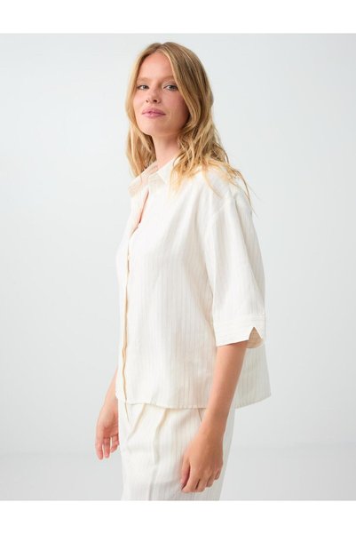 Off-White Straight Cut Three-Quarter Sleeve Modal Woven Shirt
