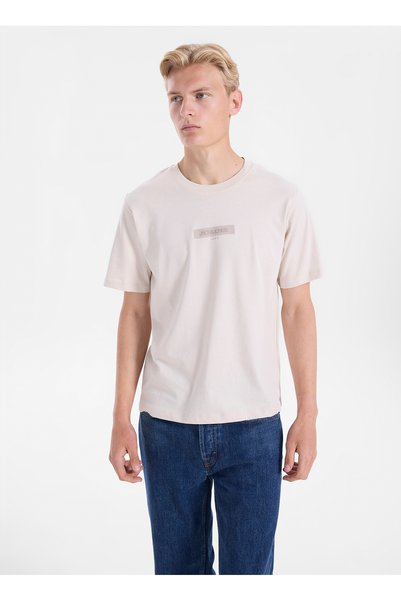 Beige Men's Regular Fit Logo Printed T-Shirt 12307760 Jortook Tee Crw Neck Bss26