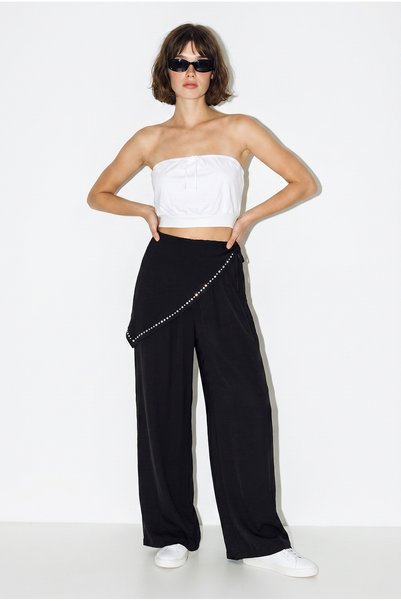 Women's Black Shiny Modal Trousers with Mobile Pocket Detail and Elastic Waist 3304 60286323