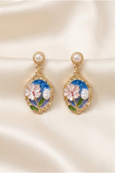 Blue Background Flower and Pearl Detailed Oval Earrings