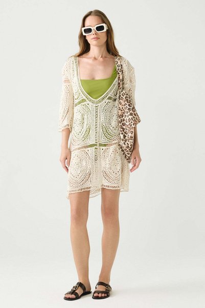 Deep Neckline Knitwear Beach Dress Beige