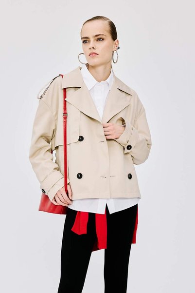 Water Repellent Regular Fit Tuxedo Collar Double Breasted Belted Twill Short Trench Coat H1615Ax26Au