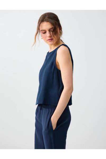 Navy Boat Neck Sleeveless Striped Modal Woven Blouse