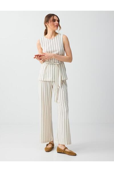 Ecru Relaxed Fit Regular Waist Striped Long Trousers