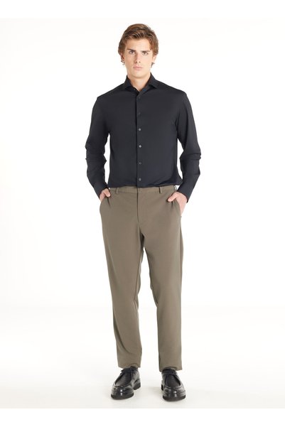 KHAKI ELASTIC WAIST TAPERED FIT TROUSERS