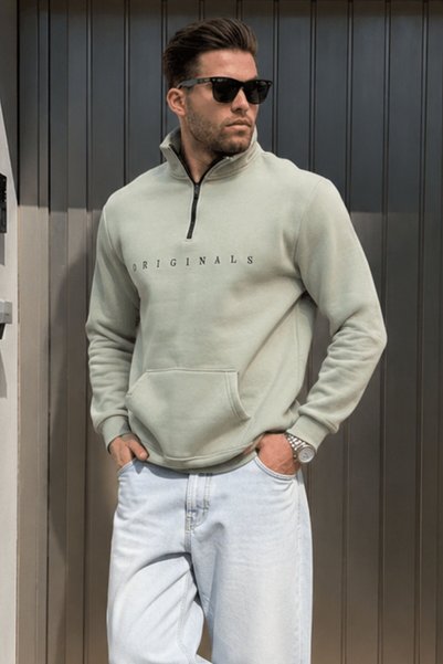 Mint Green Zipper Collar Embroidered Sweatshirt 6028