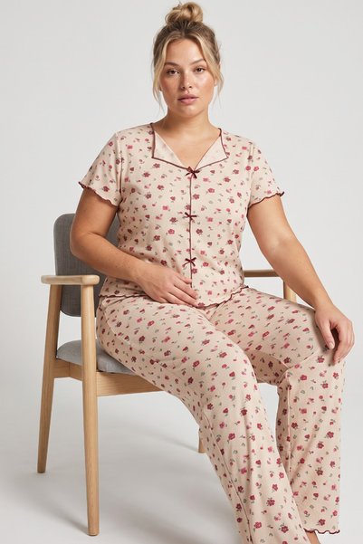Bow-Tie Patterned Large Size Ribbed Camisole Knitted Pajama Set26120851