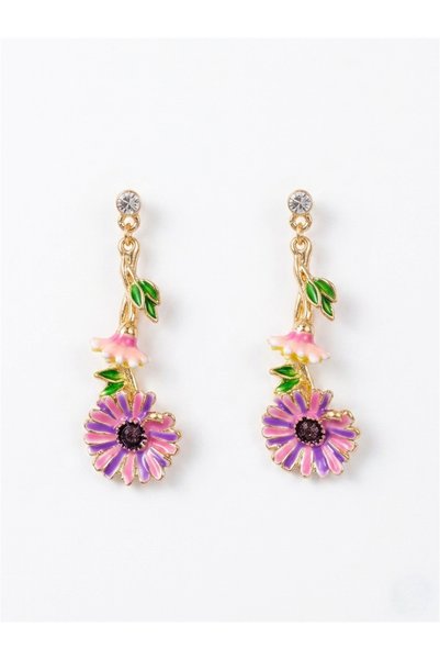 Purple and Pink Enamel Floral Branch Earrings