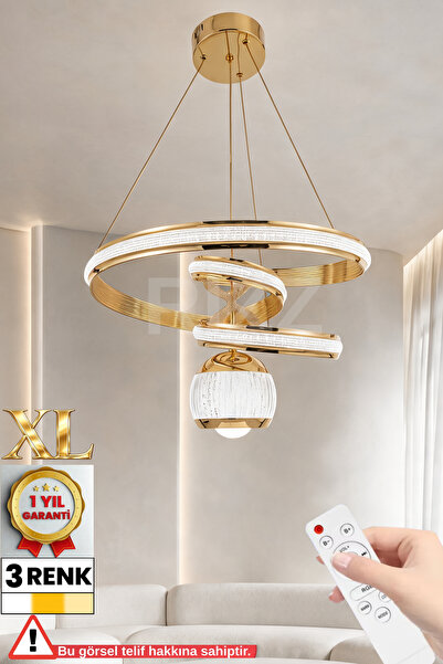 Увозен лустер XL со 3 бои, LED со далечински управувач, планета топка, златно куќиште, голем LED лустер за дневна соба