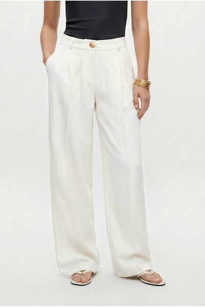 Women's Edward Arka Elastic Waist Pleated Gold Buttoned Pocketed Crepe Woven Palazzo White Trousers