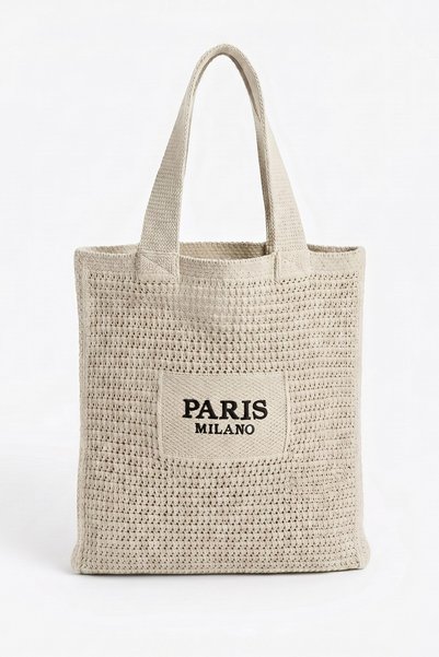 Women's Beige Milano Embroidery Mesh Knitted Model Beach, Shopper Tote Bag