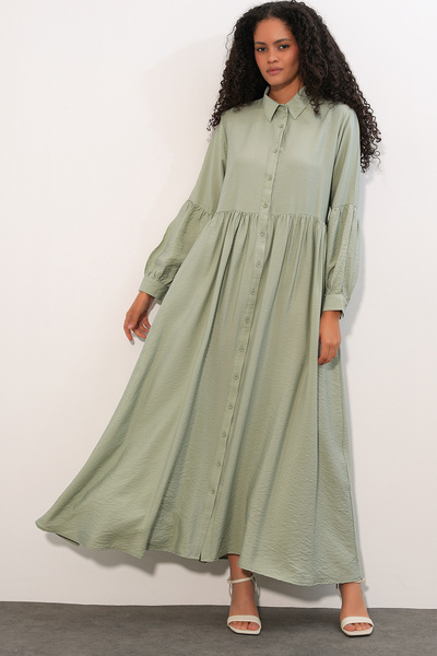 Women's Buttoned Long Hijab Dress 2591 - E.Green