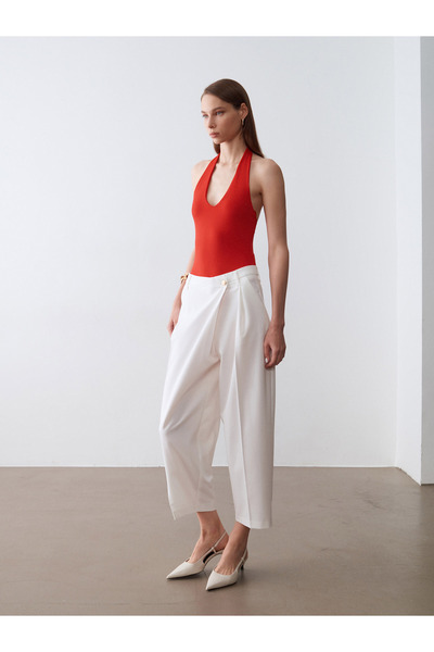 72703 Double-Breasted Trousers with Waist Detail - Light Stone