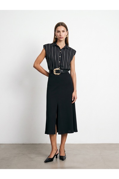 90942 100% Cotton Belted Midi Dress-Black