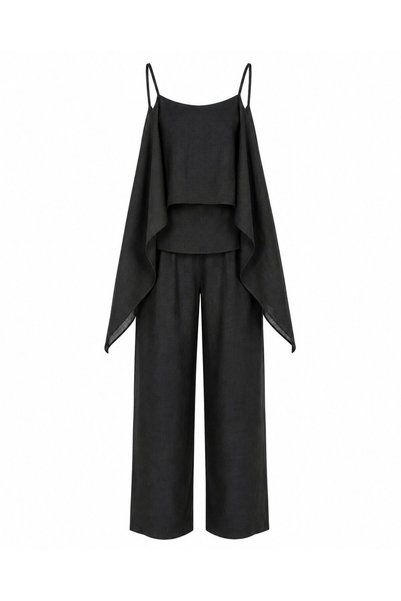 Black Thin Adjustable Strap Blouse and Trouser Set with Insert Detail - 51415