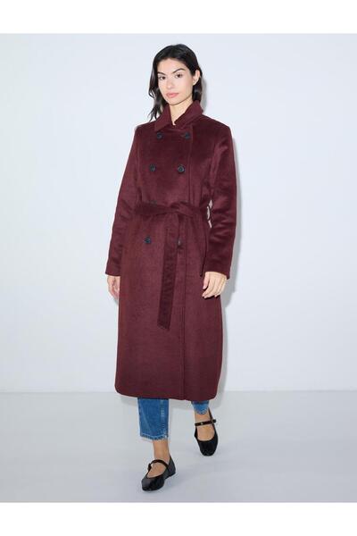 Burgundy Double-Breasted Collar Belt Detailed Cashmere Coat