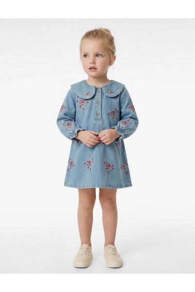Cotton Long-Sleeve Baby-Collar Bow-Embroidered Denim Dress