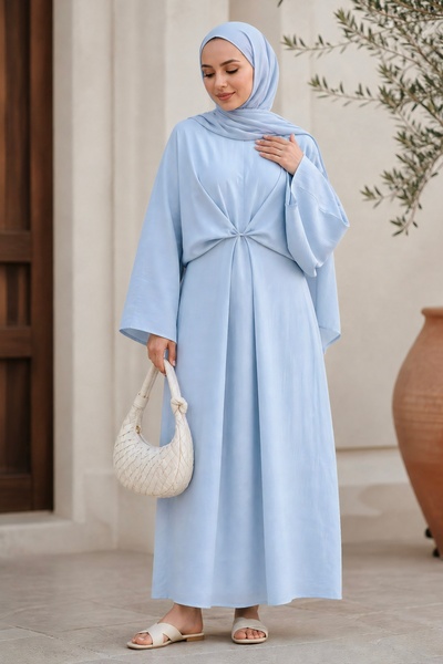 Baby Blue Casual Muslin Dress with Tie Detail