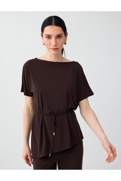 Acı Kahve Crew Neck Drop Shoulder Gathered Waist Knitted Blouse