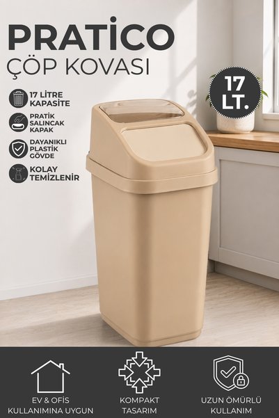 17 Liters Pratico Trash Can Practical Push-Lid Office and Kitchen Waste Bin