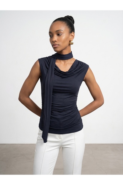 32897 Shawl Collar Degaje Top-K.Navy Blue