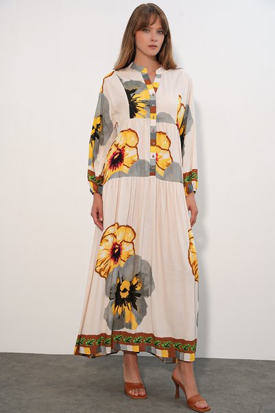 Women's Patterned Long Hijab Dress 2585 - C.Yellow