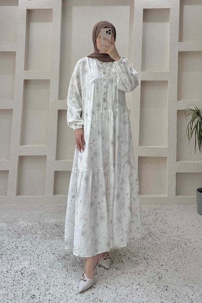 Floral Pattern Gold Button Dress Ecru