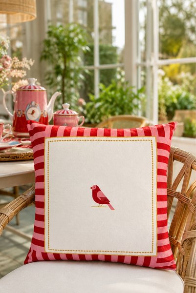 Double-Sided Bird Patterned Red Pink Striped Throw Pillow Cover (43X43 cm)