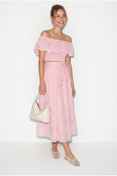 Women's Pink Scallop Embroidered Gipeli Off Shoulder Blouse Belt Detailed Skirt Set 8144 60286393