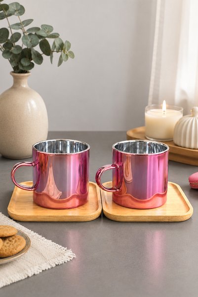 4 Piece 2-Person Metallic Pink Glass Coffee Cup Set with Bamboo Base 100 ml