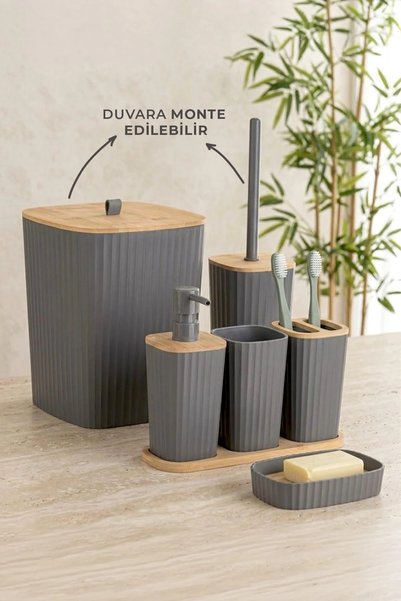 Adhesive Real Bamboo Anthracite 6-Piece Sapphire Bathroom Set