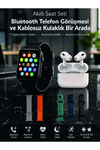 Сет паметен часовник со Bluetooth за повици, безжични Bluetooth слушалки, 7 заменливи каиши
