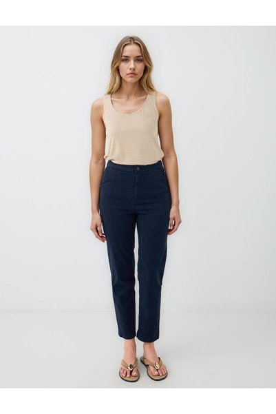Navy Blue Regular Waist Regular Leg Gabardine Trousers