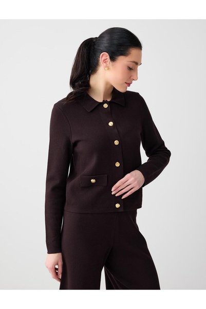 Bitter Brown Long Sleeve Shirt Collar Button Detailed Knitwear Cardigan