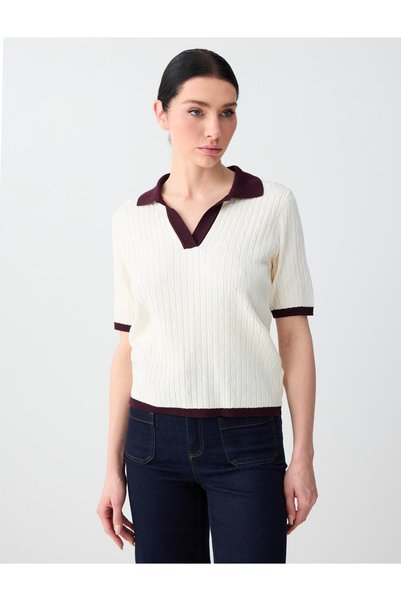 Ecru Polo Collar Short Sleeve Knitwear Blouse