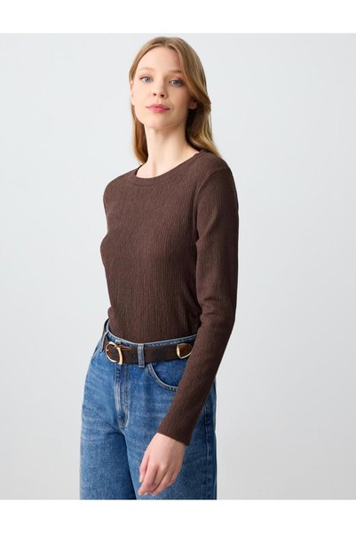 Bitter Coffee Crew Neck Long Sleeve Straight Cut Knitted Blouse