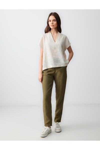 Khaki 100% Linen High Waist Regular Leg Trousers
