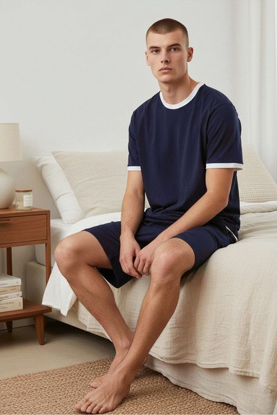 Men's Cotton Piece Navy Blue Pocketed Shorts Pajama Set