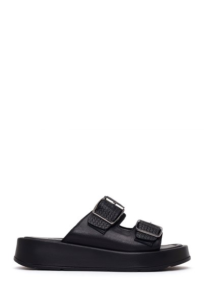 Women's Black Double Buckle Thick Sole Leather Comfort Slippers 26Sfd341818