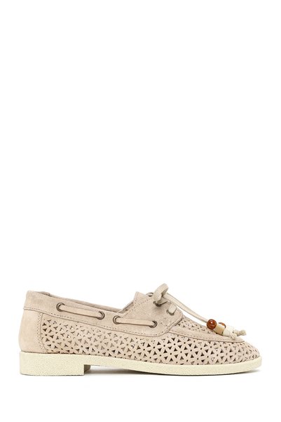 Women's Beige Tasseled Suede Leather Loafer 26Pfd510610