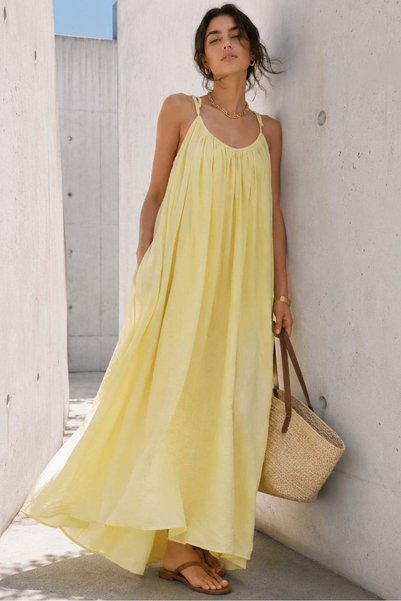 Yellow Halter Neck Strap Long Basic Women's Dress Mg2163