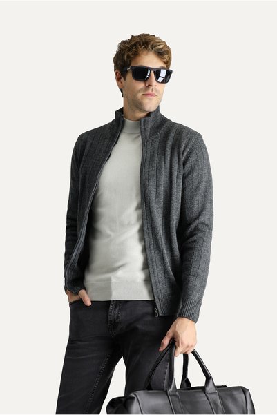 Mock Neck Zippered Regular Fit Striped Knitwear Cardigan