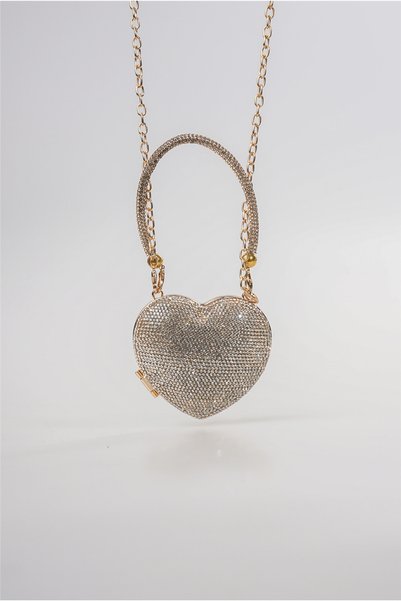 Gold Heart Figured Gold Stone Women's Evening Dress Bag with Chain Strap Mini Bag 9X7X2 cm