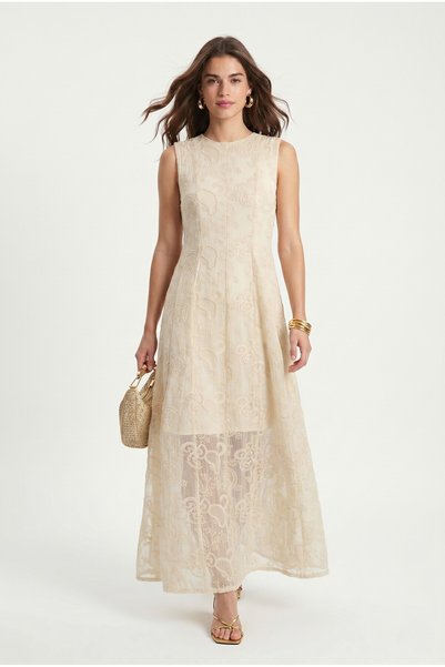 Women's Anya Embroidered Sleeveless Lined Maxi Length Woven Ecru Dress