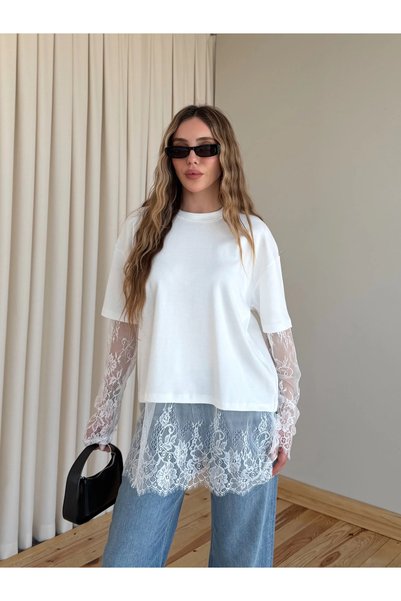 Light Ecru Skirt with Lace Sleeves Tshirt - 261031